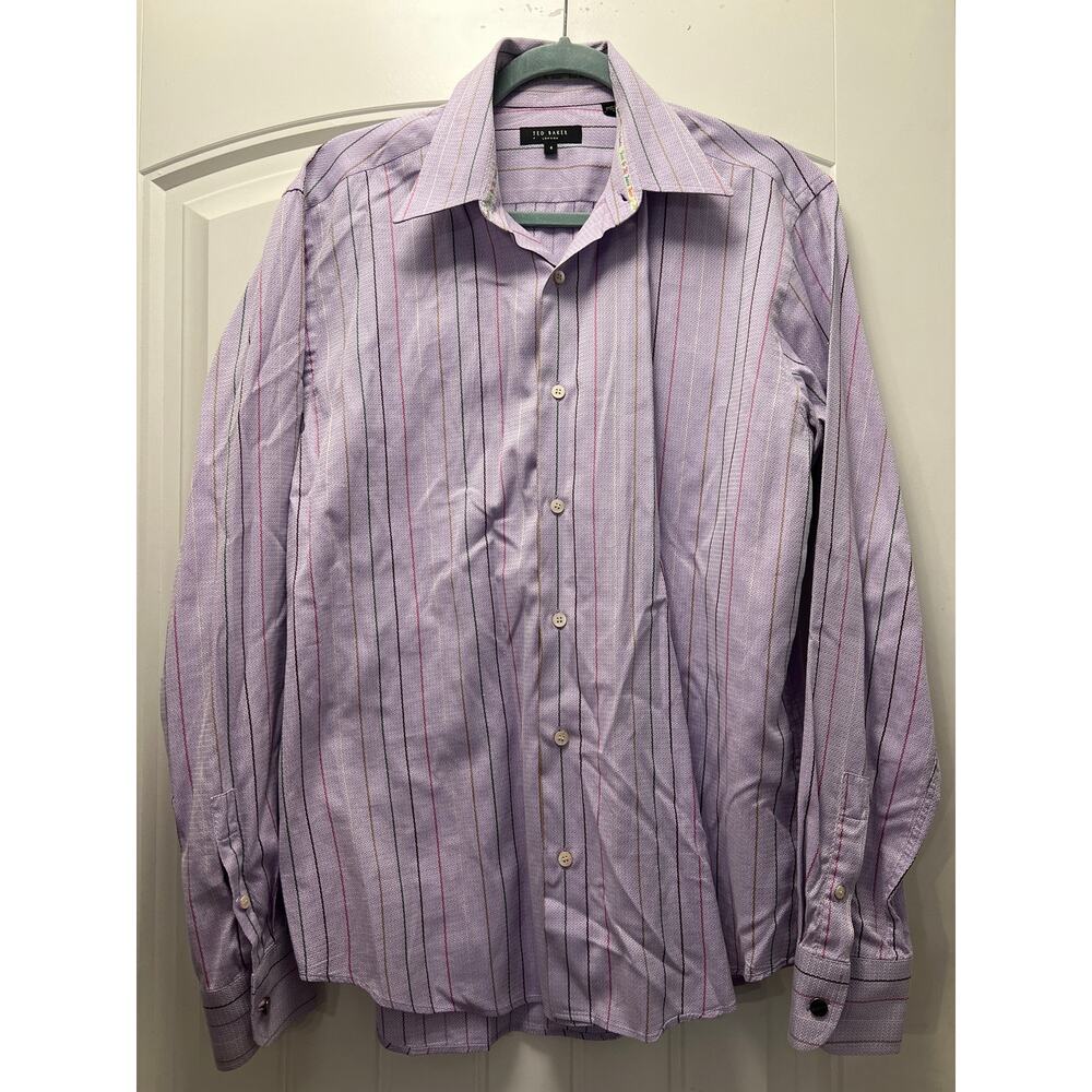 Ted Baker London Men’s Long‎ Sleeve Work Striped Button Down Shirt Size 4 Purple